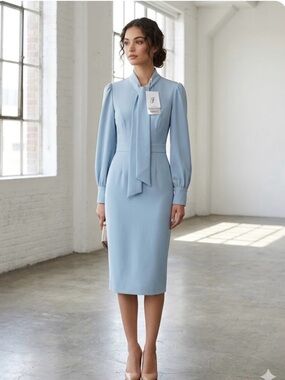 🔥 NWT Fehaute Light Blue Tie Neck Midi Dress 👗 Size14